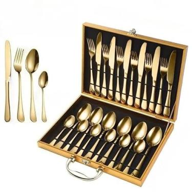 Imagem de Kit 36 Talheres Aço Inox Stainless Steel Mesa Posta Garfo Faca Colher Dourado(Caixa De Madeira Dourado - 24)
