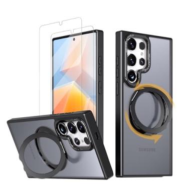 Imagem de HCXLYP Capa preta para Samsung Galaxy S24 Ultra, com 2 películas de vidro temperado, suporte magnético giratório 360, compatível com Magsafe, capa fina para celular