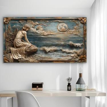 Imagem de Arte de parede em tela rústica Woman Moon Waves - Pôster sem moldura de 30 x 61 cm - Decoração de casa e escritório para sala de estar, quarto, cozinha e café