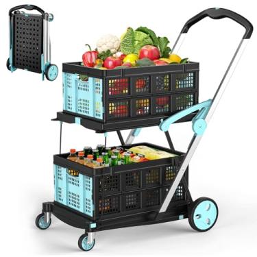 Imagem de Carrinho de compras dobrável, com capacidade de 90 kg, com duas caixas dobráveis, carrinhos dobráveis resistentes com freio de pé para mantimentos, escritório, armazém e supermercado