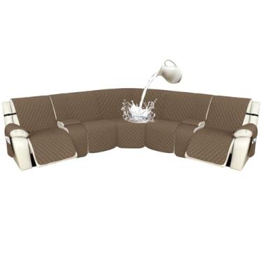 Imagem de Arfntevss Capas para sofá reclináveis 1OO% à prova d'água, em forma de L, capa de sofá reclinável em forma de L, protetor de canto lavável para cães (5 lugares com 2 consolas, marrom claro)