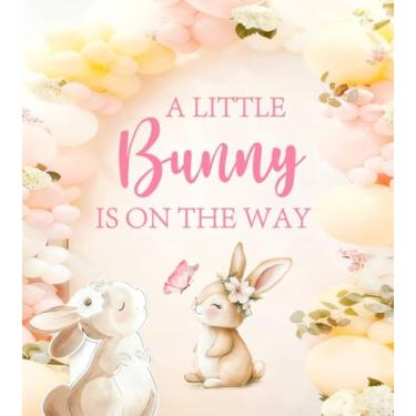 Imagem de JarThenaAMCS Adesivo de parede A Little Bunny is on The Way Gender Reveal Party Decalque Aquarela Coelho Borboleta Adesivo de Parede para Primavera Chá de Bebê Balão Arco Pano de Fundo Foto Adereços