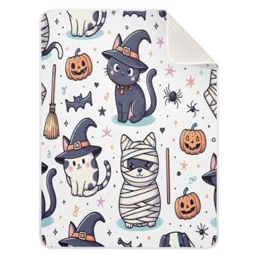 Imagem de Qilmy Cobertor de bebê com design de gato de Halloween 76 x 101 cm, cobertor infantil de algodão macio para meninos e meninas, cobertor leve e quente para bebês de berço, carrinho de bebê, soneca