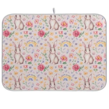 Imagem de Tapete de secagem de pratos de flores de coelho 45 x 61 cm, tapete de escorredor de pratos de secagem rápida, tapete resistente ao calor