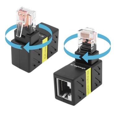 Imagem de MEIRIYFA Adaptador Ethernet RJ45 Cat5E Cat6 Rotação de 360 graus, 1000Mbps 90 graus RJ45 macho para fêmea Adaptador de rede LAN 8P8C para roteador de computador laptop (2 peças, ângulo reto)