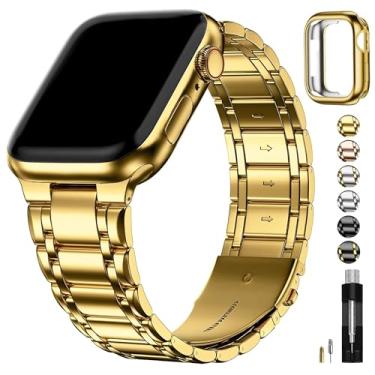Imagem de Fullmosa Pulseiras Compatíveis com Apple Watch 49mm 45mm 44mm 42mm 41mm 40mm 38mm, Pulseira de Aço Inoxidável com Capa para Apple Watch Ultra2 Ultra Series 9 8 7 6 5 4 3 2 1 SE SE2, 41mm 40mm 38mm Dourado