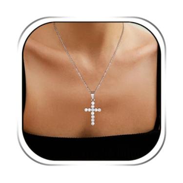 Imagem de HZMAN Colar de cruz para mulheres, pingente de cruz de cristal de ouro e prata de aço inoxidável, colar pequeno e delicado, presente moderno para ela, Aço inoxidável, Zircônia cúbica