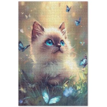 Imagem de Ragdoll Cat Cute Butterflies quebra-cabeça 500 peças adultos amigos família jogo presentes grande quebra-cabeça jogo de arte 50,5 x 14,9 polegadas