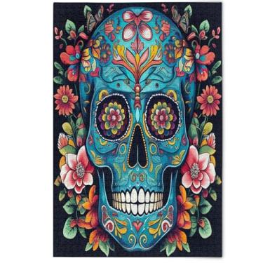 Imagem de Quebra-cabeça com flores de caveira azul 500 peças para adultos, quebra-cabeça de jogos tecnológicos, presentes de cenários de inverno, pintura de arte floral decorativa, 500 peças, 52 x 37,8 cm