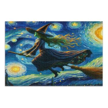 Imagem de Bruxa voando em uma vassoura em quebra-cabeças grandes estrelados para adultos com letras nas costas, quebra-cabeças de 500 peças para adultos