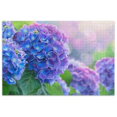 Imagem de Quebra-cabeça de flores de hortênsia azul roxo para adultos 500 peças presentes de elefante branco família quebra-cabeça pintura decoração