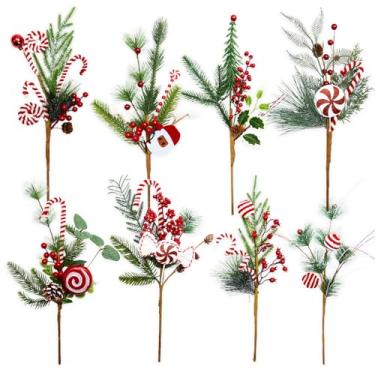 Imagem de Egolot 8 palhetas de bengala de doces de Natal de 43 cm para guirlanda de árvore de Natal, palhetas de pinheiro verde de Natal com bolas de frutas vermelhas e doces para ambientes internos e externos