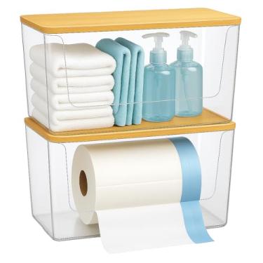 Imagem de Pacote com 2 suportes de saco de lixo com tampa de bambu – Organizador empilhável embaixo da pia e dispensador de saco de lixo para organização de cozinha – Suporte de plástico grande para lavanderia