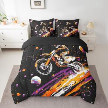 Imagem de jejeloiu Jogo de cama de casal com lençol de moto, para meninos e meninas, adolescentes, corrida, motocross, motociclista, 7 peças, preto e laranja