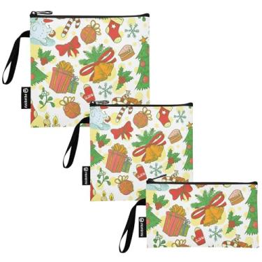 Imagem de TSENQUE Linda bolsa de lanche reutilizável de desenho animado de Natal com zíper para segurança alimentar lancheira lavável para escola, escritório, viagem, trabalho (pacote com 3)