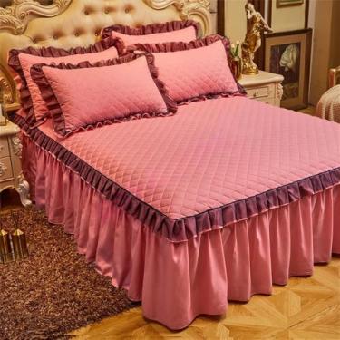 Imagem de Capa de colchão de casal com babados, saia acolchoada e elástico, para cama de solteiro e casal, cor ameixa, 200x220cm, 1 peça