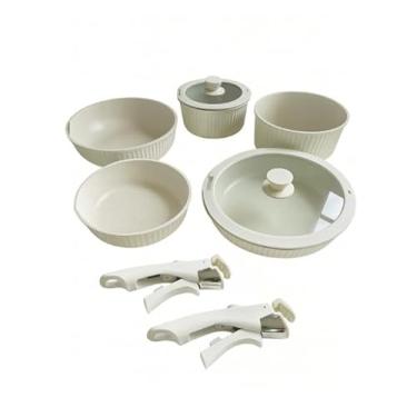 Imagem de Kit 5 Peças Jogo de Panelas 2 Unid de Cabo Removível Antiaderente Revestido de Cerâmica Fogão e Indução Panelas Empilháveis Uso com e sem Cabo Forno Máquina de Lavar Tampas de Vidro e Silicone