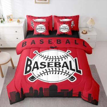 Imagem de Jogo de cama queen size de beisebol, 7 peças, jogo de cama em uma bolsa para crianças, meninos, adolescentes e adultos, conjunto de edredom com silhueta de cidade americana, vermelho e preto