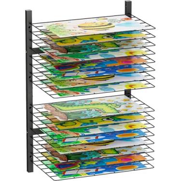 Imagem de mocomax Suporte de parede para secagem de arte, 16 prateleiras removíveis, prateleira de secagem de tinta metálica, organizador de armazenamento de papel de arte que economiza espaço para salas de