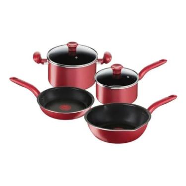 Imagem de Conjunto de panelas de quatro peças com base para fogão de indução.