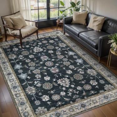 Imagem de Tangsoo Tapetes de área laváveis pretos 20 x 25 cm para sala de estar, tapetes florais vintage antiderrapantes para área grande, tapete estampado macio de pilha baixa, tapete dobrável para quarto