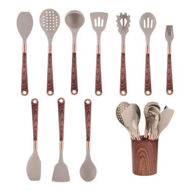 Imagem de Kit 11 Utensílios de Cozinha Silicone com Cabo Efeito Madeira, Espátulas e Colheres Antiaderentes Resistentes ao Calor(Bege)