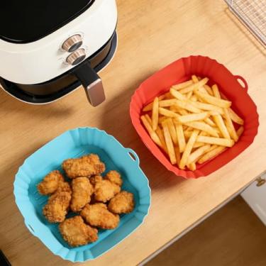 Imagem de Bandeja de silicone para fritadeira a ar, recipiente reutilizável para alimentos vermelho e azul, cesta antiaderente para acessórios de cozinha