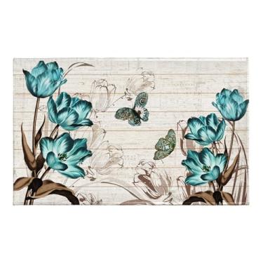 Imagem de Giwawa Tapete de banho floral azul-petróleo borboleta flor tapete de banho macio tapete de pelúcia de banheiro 50 x 81 centímetros tapete antiderrapante absorvente para sala de estar e banheira