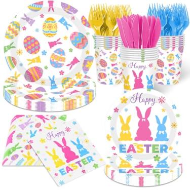 Imagem de Conjunto de pratos e guardanapos Happy Easter com ovos de coelho coloridos e margarida, decoração de festa de Páscoa, conjunto de louça de papel de coelho descartável para festa de aniversário, chá de