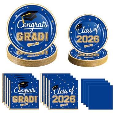 Imagem de Conjunto de utensílios de mesa para festa de formatura 2025 - 100 peças de pratos e guardanapos de formatura em ouro azul Class of 2025 descartáveis para festa de formatura e colégio, serve 25