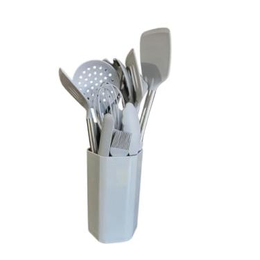 Imagem de Kit Utensílios de Cozinha em Silicone com Cabo de Aço Inox – Espátula, Colher e Pegador – Conjunto 9 ou 15 Peças(Cinza 15 peças)