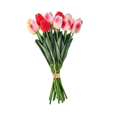 Imagem de Mikasa Flores artificiais de tulipas falsas, hastes de tulipa com vegetação, conjunto de 20 flores de seda de plástico realistas, buquê de tulipas falsas para vaso de decoração de casa, arranjo floral