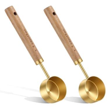 Imagem de XLIUAX 2 peças de madeira de aço inoxidável, 1 colher de chá, colher de café de cabo longo de madeira, colher de sopa de aço inoxidável dourada, colher de medição para chá de café moído, 15 ml
