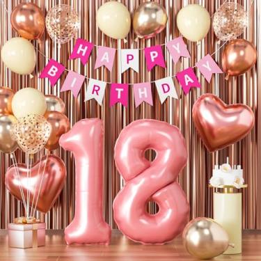 Imagem de Decorações de aniversário de 18 anos para meninas retrô rosa blush doce 18 balões rosa choque aniversário feliz 18 bandeira ouro rosa número 18 balão para decoração de festa de 18 anos