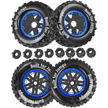 Imagem de hopsupRC RC Truck Tires 1/8 1/10 17mm Hex RC Wheel Tires for 1/10 E-Revo T-Maxx Summit Kraton Outcast Monster Truck,Hard Plastic Rubber Tyres RC Truck Tires,RC Monster Truck Car Wheels,Blue With Black