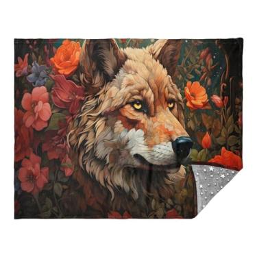 Imagem de CEBUGI Cobertor de flanela quente macio 127 x 178 cm para sofá, cama, escritório, acampamento, viagem, lobo, flores vermelhas, uso em todas as estações