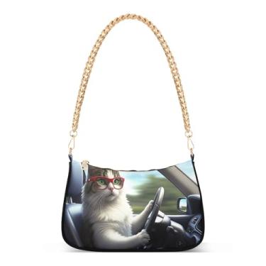 Imagem de Linda bolsa de ombro de corrente com estampa engraçada de motorista de gato, bolsa Hobo feminina com zíper e grande capacidade para uso diário ou festa
