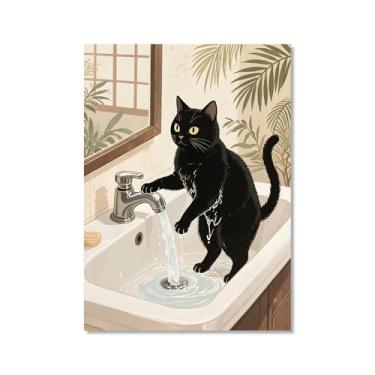 Imagem de Arte de parede em tela de gato preto engraçado na banheira gato fofo lavar suas patas lendo pôster de jornal banheiro estampas animais decoração de parede de banheiro (SKU3,12 x 45,7 cm = (30 x 45 cm