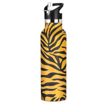 Imagem de Garrafa de água de aço inoxidável para meninas de 590 ml com tampa de palha, garrafa de água escolar isolada de tigre preto laranja vibrante com alça, copos de viagem a vácuo de parede dupla para