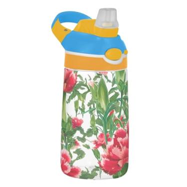 Imagem de Garrafa de água infantil com cravos florais vermelhos, folhas verdes, 473 ml, à prova de vazamento, garrafa de água esportiva com tampa de canudo Tritan 473 ml, copo de viagem portátil para crianças