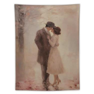 Imagem de Tapeçaria vintage de outono enevoado chapéu fedora vestido leve cena abraço romântico estilo pintura a óleo suave decoração de parede nostálgico decoração de casa para quarto sala de estar