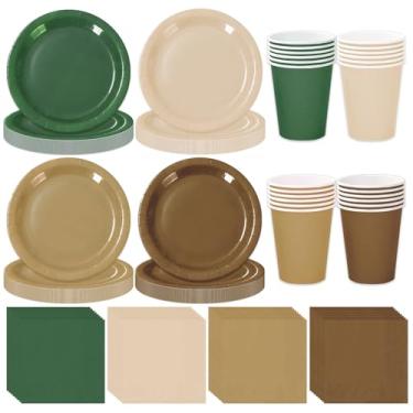 Imagem de Whaline Conjunto de 244 peças de utensílios de mesa da floresta serve 48 louças descartáveis de sálvia verde marrom, 48 pratos de 23 cm, 48 pratos de 18 cm, 48 copos de 255 g, 100 guardanapos para chá