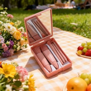 Imagem de Conjunto de 5 pincéis de maquiagem com espelho, kit de pincéis portáteis em caixa – Inclui pincel de base, pincel de pó, pincel de blush, pincel de sombra | Mini ferramentas multifuncionais de