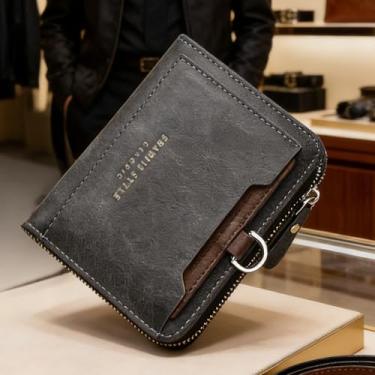 Imagem de Carteira masculina de couro curta com zíper, organizador compacto preto universal (preto)