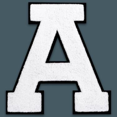 Imagem de QianSiLi Remendos de letras universitárias de chenille branco de 15 cm, letras grandes para jaquetas Letterman, moletons com capuz, mochilas, coletes, roupas, adesivos individuais da letra A