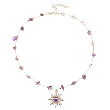 Imagem de DOPENSPI Colar de sol de cristal roxo para mulheres, pingente de sol banhado a ouro boho hippie colar gargantilha de cristal joia de pedra acessórios de Natal presente para mulheres