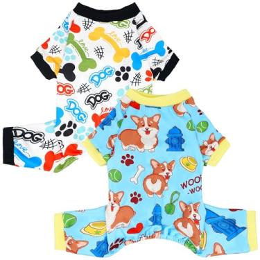 Imagem de JpGdn 2 peças de pijamas para cães de tamanho médio, roupas de cachorro, macacões, pijamas para animais de estimação, menino, menina, masculino, feminino, macio, elástico, estampa de osso de pata M