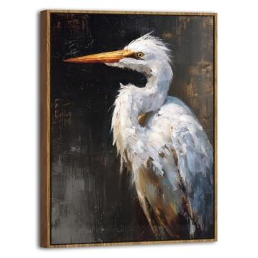 Imagem de Arte de parede em tela emoldurada pássaro garça vintage branco garça-branca impressão de imagem de animal costeiro pintura de guindaste preto e branco minimalista arte de vida selvagem para quarto