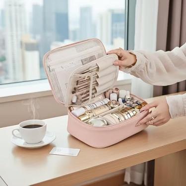 Imagem de Bolsa de maquiagem removível com várias camadas de grande capacidade – Organizador de cosméticos inspirado em viagens com armazenamento de pincéis, estojo portátil de beleza para homens e mulheres, 4