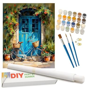 Imagem de Kit de pintura de bicicleta vintage por números para adultos - bicicleta azul faça você mesmo com vasos de flores e pintura de porta em tela enrolada 40,6 x 50,8 cm, conjunto de tinta acrílica para
